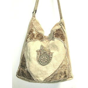 Flying High, Footpath Trading Co. - Tan Acid Wash Denim Hobo Bag w/ Hamsa Hand